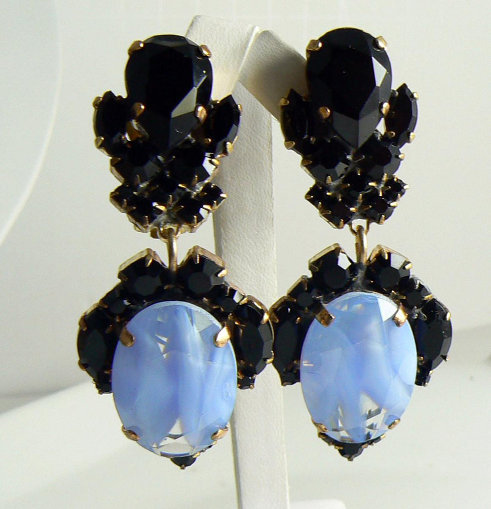 Black and Robins Eggs Blue Givre Czech Glass Clip Earrings - Vintage Lane Jewelry