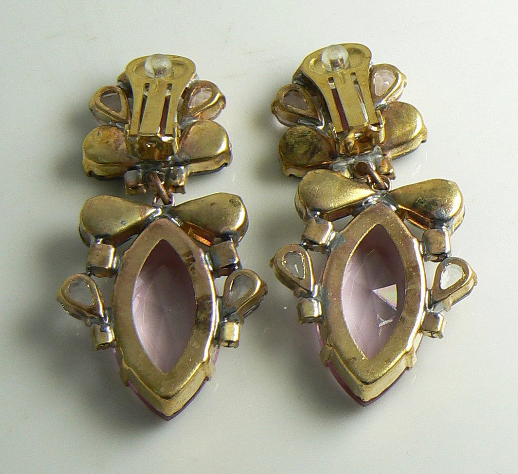 Czech Glass Pink Gray Bow Glass Clip Earrings - Vintage Lane Jewelry