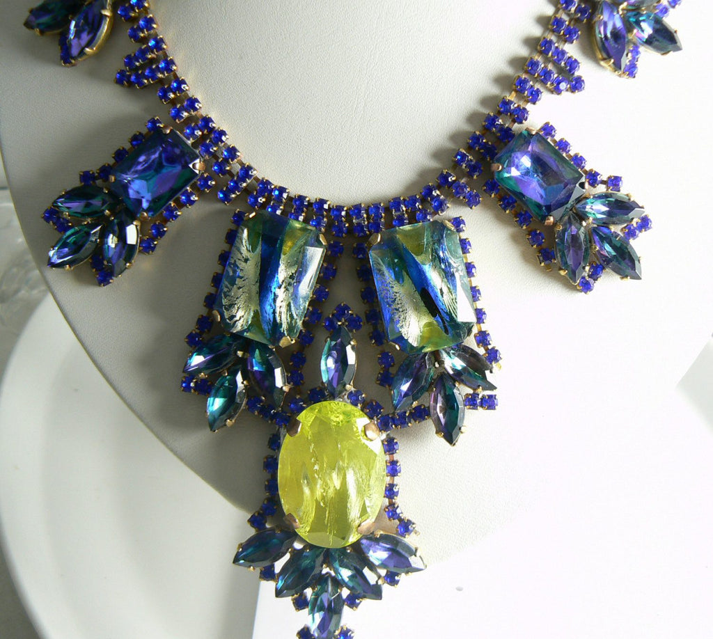 Czech Husar D Vaseline Uranium Glass Blue Dragons Eye Statement Necklace - Vintage Lane Jewelry
