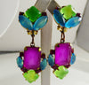 Czech Neon Purple, Blue and Green Clip Earrings - Vintage Lane Jewelry