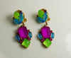 Czech Neon Purple, Blue and Green Clip Earrings - Vintage Lane Jewelry