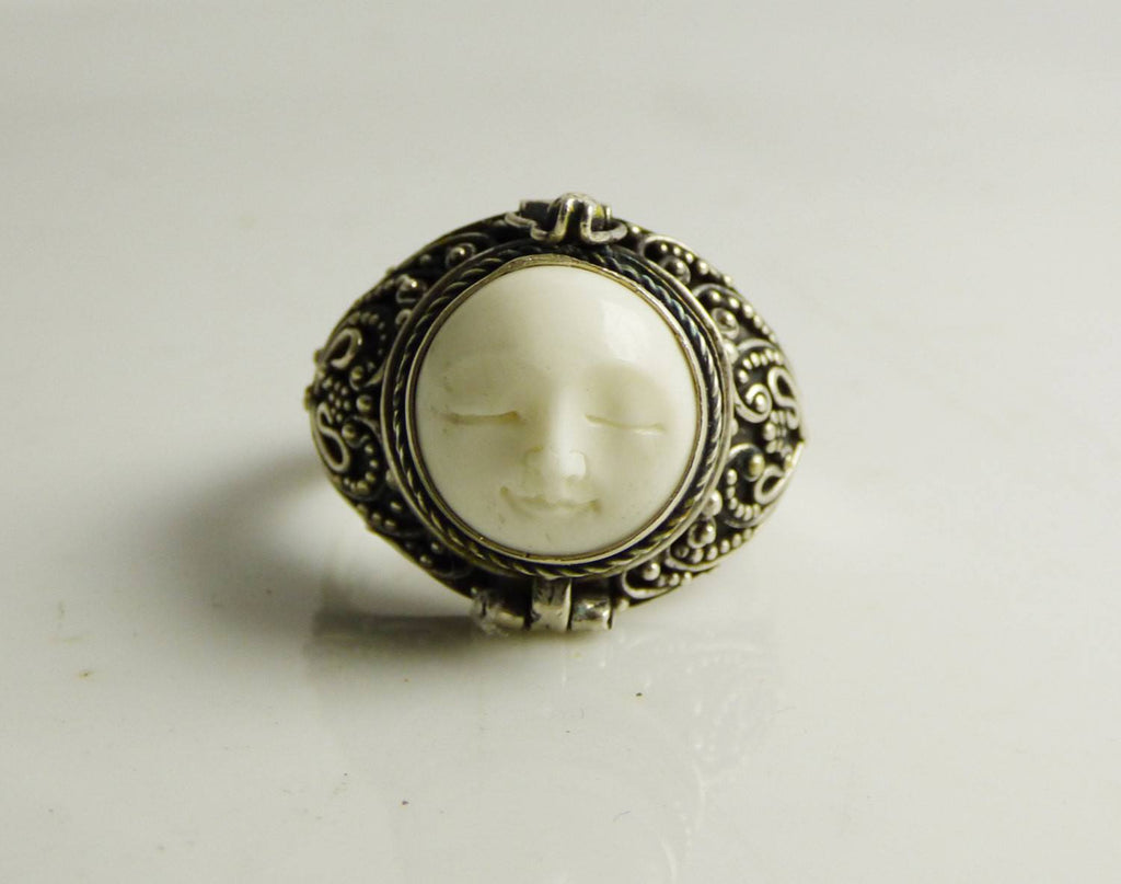 Balinese Carved Bone Face Sterling Silver Poison Ring - Vintage Lane Jewelry