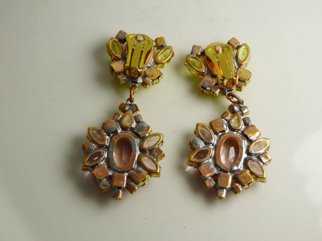 Yellow and Pink Czech Glass Clip Earrings - Vintage Lane Jewelry
