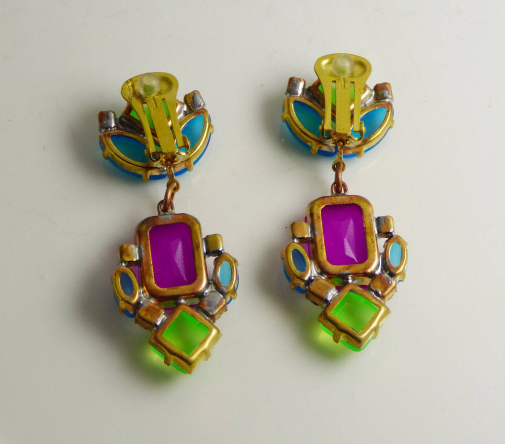 Czech Neon Purple, Blue and Green Clip Earrings - Vintage Lane Jewelry