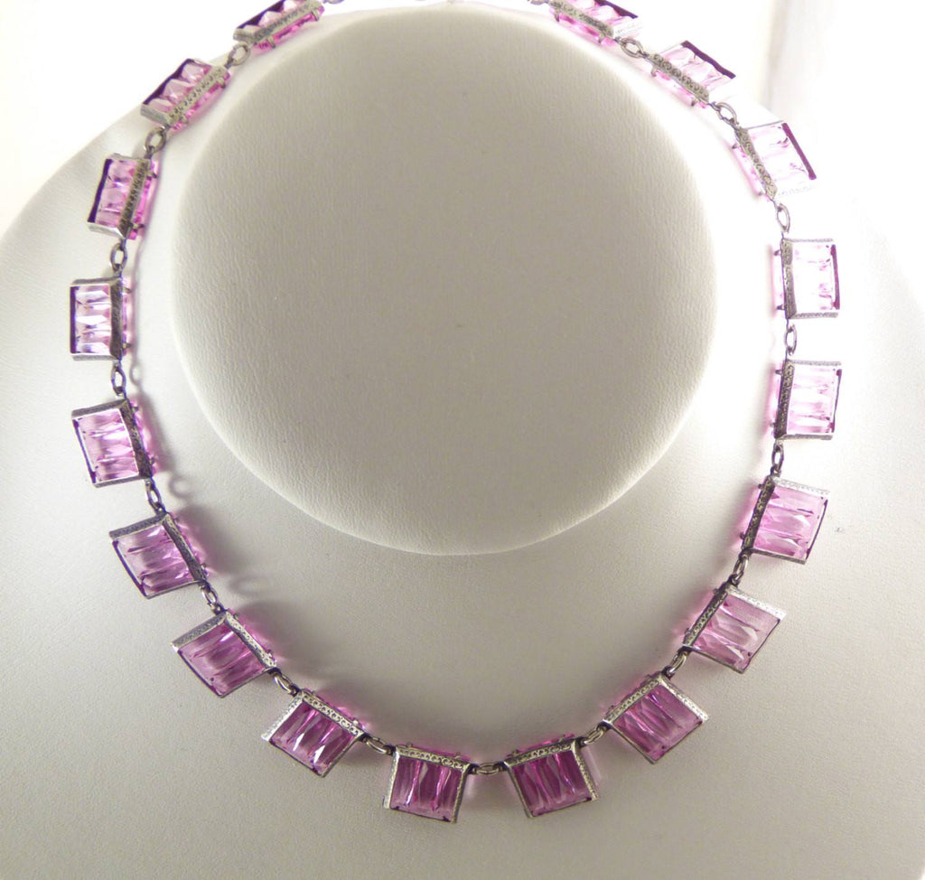 Vintage Art Deco Czech Tourmaline Pink Vauxhall Step Glass Necklace, Chevron Cut Crystal Choker - Vintage Lane Jewelry