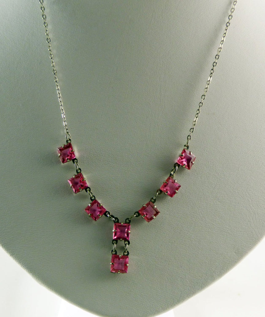 Deep Pink Art Deco Faceted Glass Necklace, Prong set, open back glass stones - Vintage Lane Jewelry