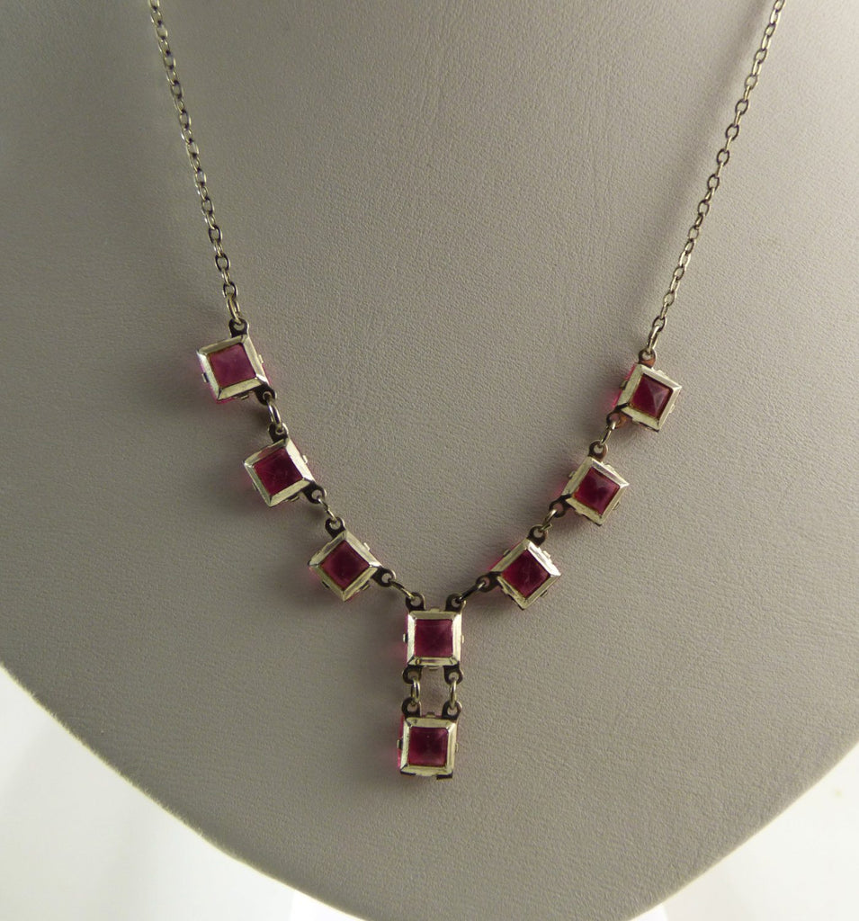 Deep Pink Art Deco Faceted Glass Necklace, Prong set, open back glass stones - Vintage Lane Jewelry