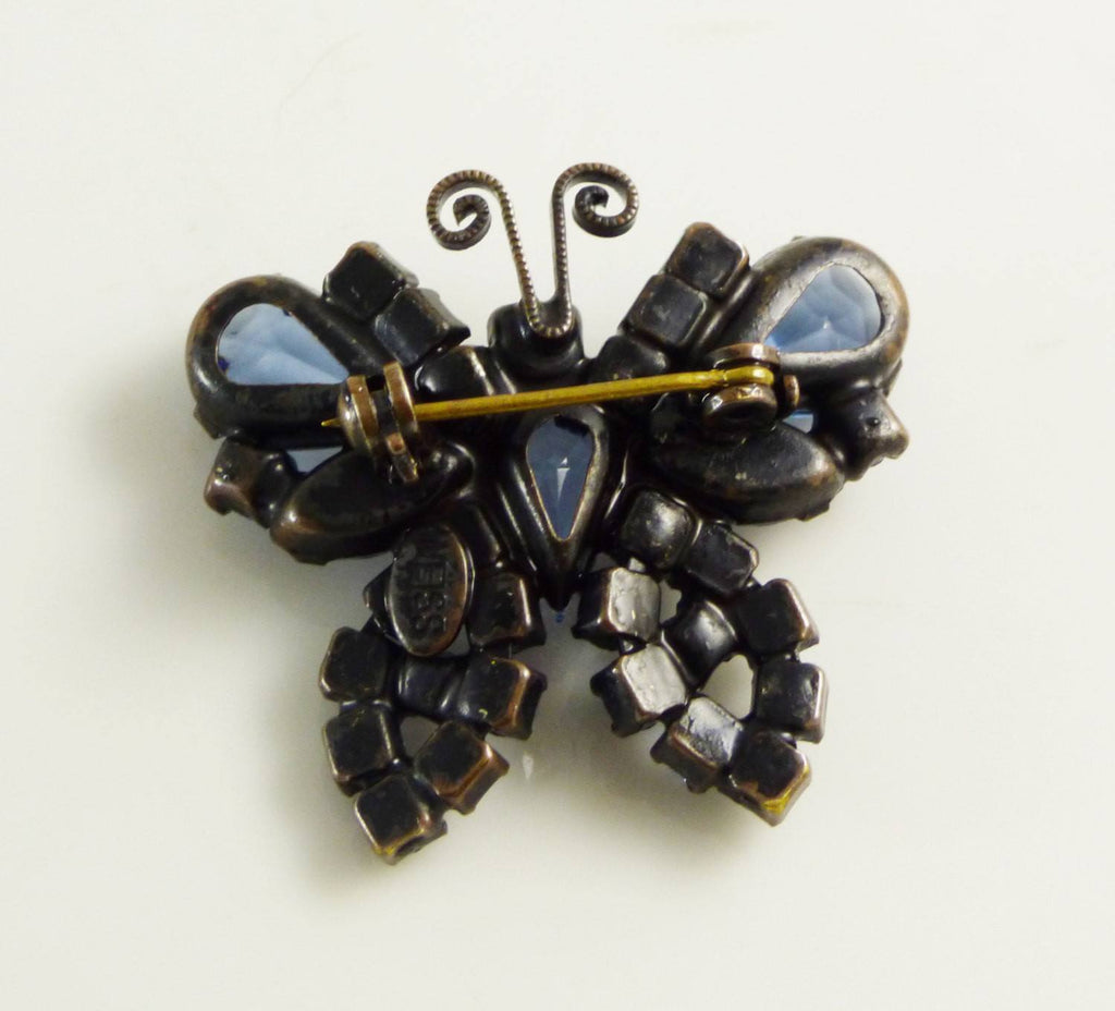Weiss Blue Glass and Rhinestone Butterfly Brooch - Vintage Lane Jewelry