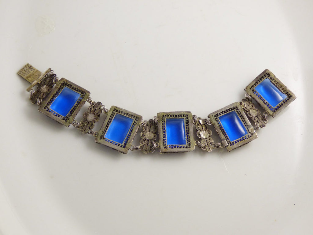 Vintage Chinese Export Sterling Silver Filigree Sapphire Blue Glass Bracelet - Vintage Lane Jewelry