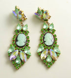 Czech Mint Green Glass Rhinestone Cameo Clip Earrings - Vintage Lane Jewelry