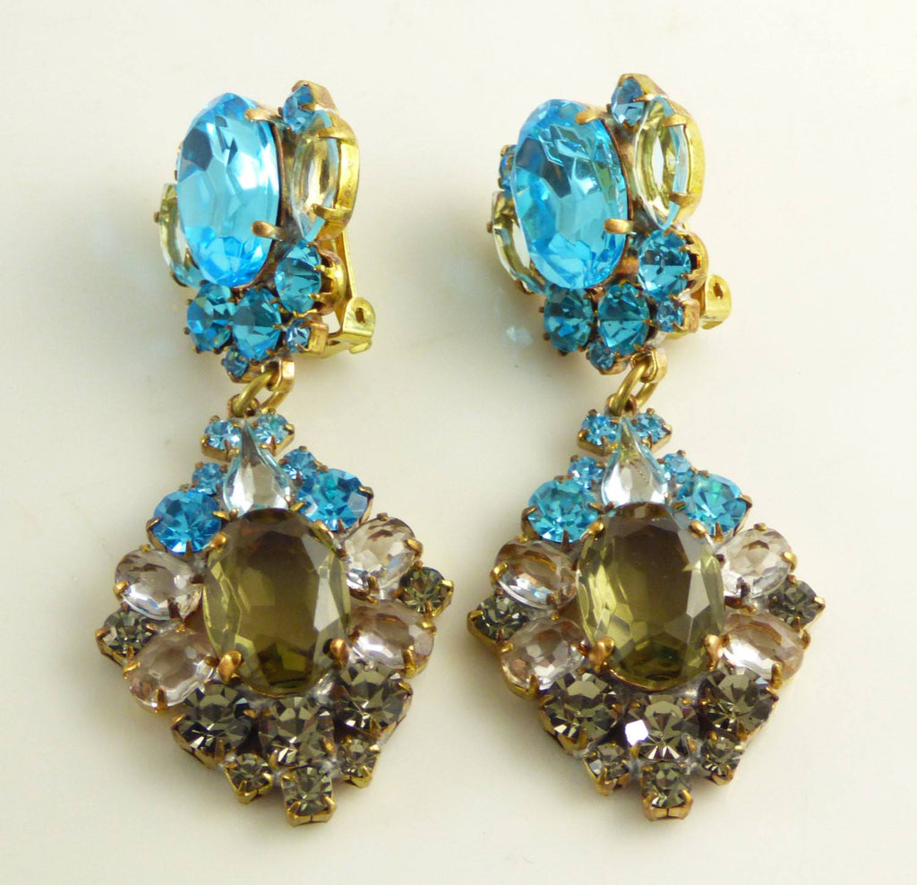 Blue and Gray Czech Glass Clip Earrings - Vintage Lane Jewelry