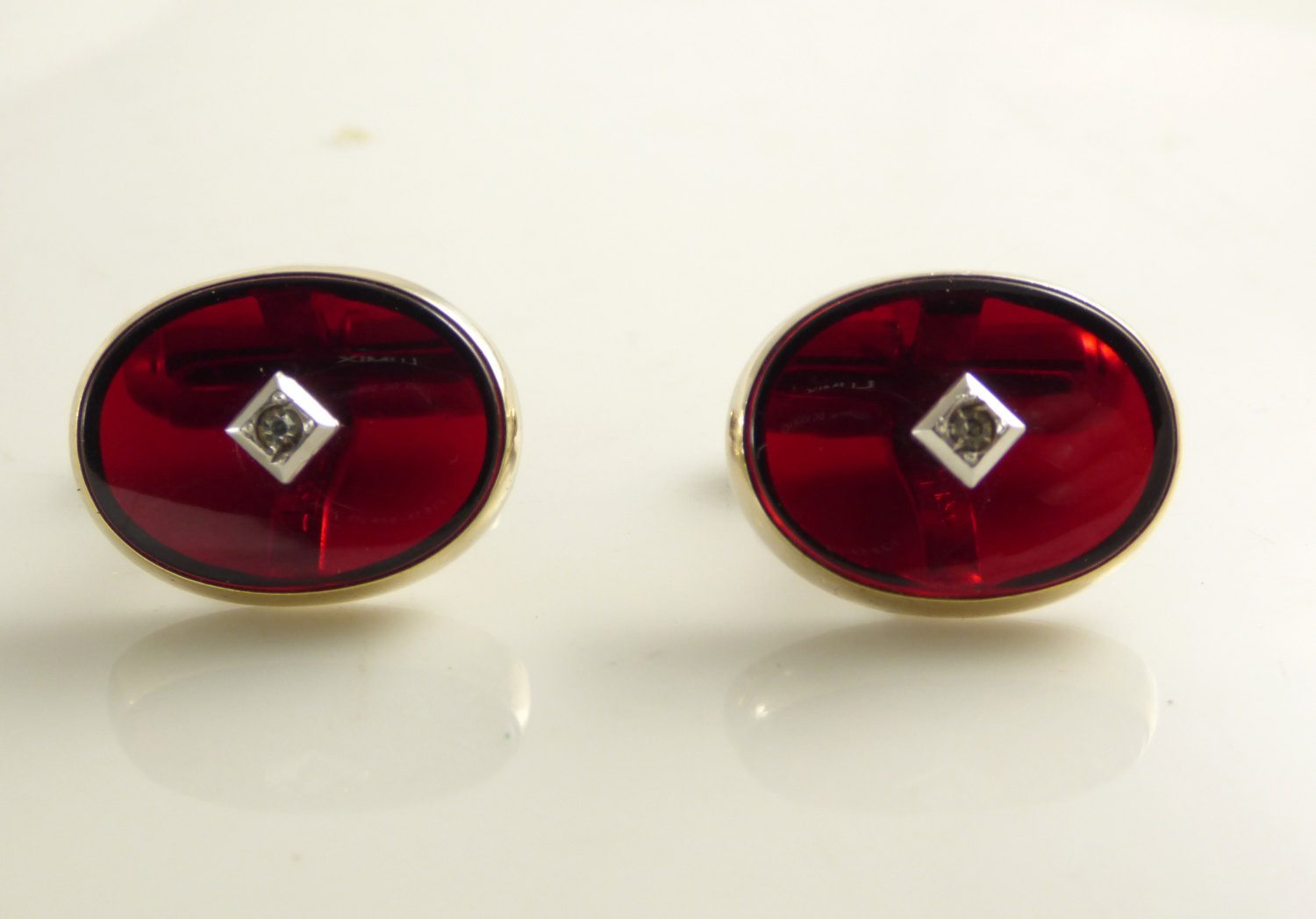 Vintage Anson Gold Tone Oval Red Lucite Rhinestone Mens Cufflinks Vintage Lane Jewelry