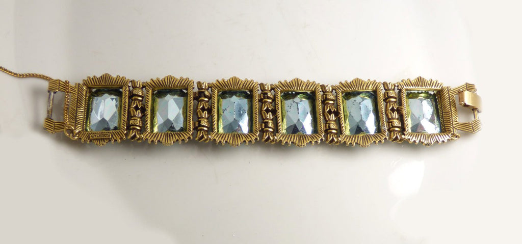 Vintage Florenza Aquamarine Glass Stones Ornate Brass Bracelet - Vintage Lane Jewelry