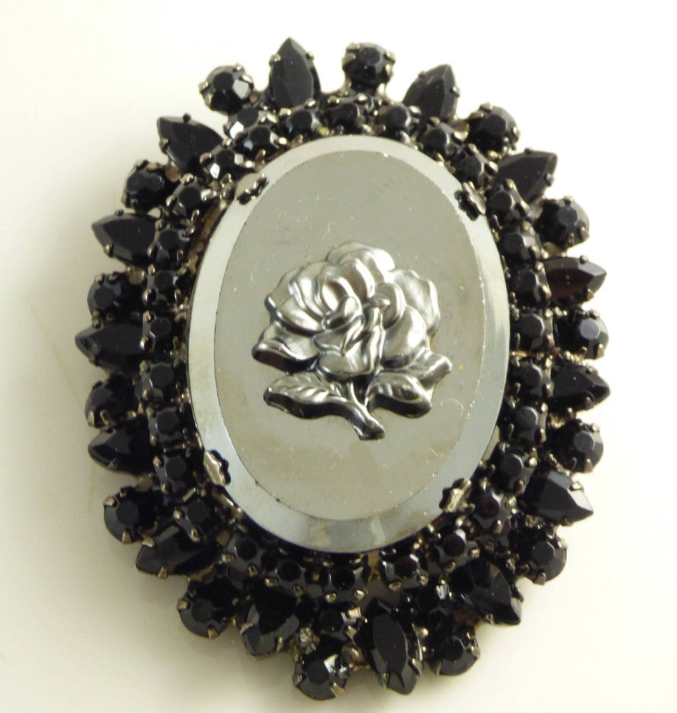 Juliana Book Piece Hematite Rose Cameo Pin Pendant, - Vintage Lane Jewelry