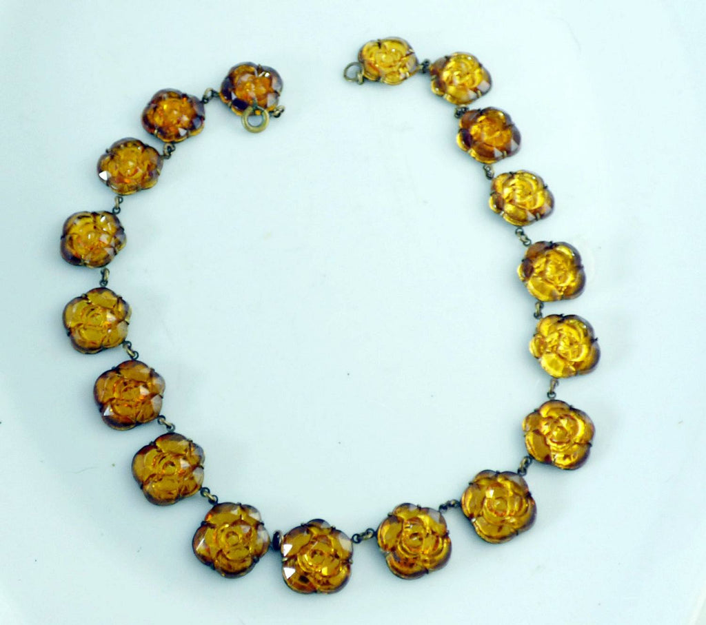 Vauxhall Antique Art Deco Floral Molded Amber Glass Choker Necklace - Vintage Lane Jewelry