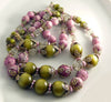 Vintage Hobe Chunky Parure, Pink, Olive Green and Clear Beads, Matching Necklace, Bracelet and Clip Earrings - Vintage Lane Jewelry