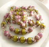 Vintage Hobe Chunky Parure, Pink, Olive Green and Clear Beads, Matching Necklace, Bracelet and Clip Earrings - Vintage Lane Jewelry