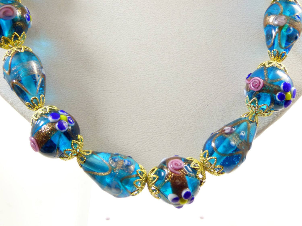 Wedding Cake Bead Necklace, Venetian Murano Glass Blue Translucent Beads - Vintage Lane Jewelry