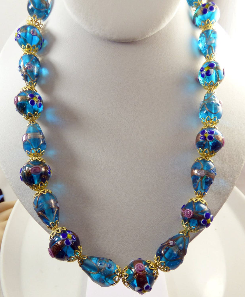 Wedding Cake Bead Necklace, Venetian Murano Glass Blue Translucent Beads - Vintage Lane Jewelry