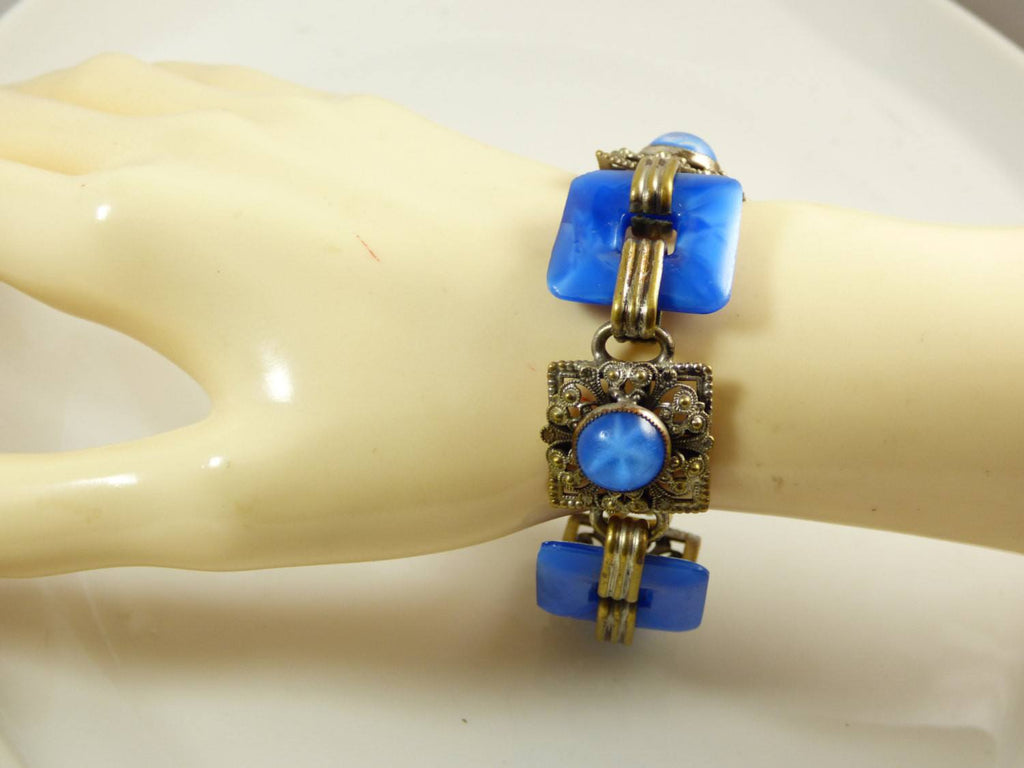 Czech Deco Nouveau Star Sapphire Glass Brass Bracelet - Vintage Lane Jewelry