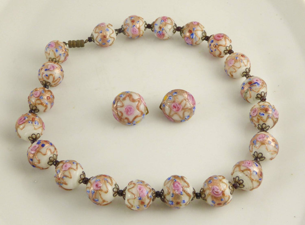 Vintage Venetian Pink on Ivory Aventurine Wedding Cake Bead Clip Earrings Necklace Set - Vintage Lane Jewelry