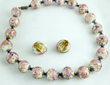Vintage Venetian Pink on Ivory Aventurine Wedding Cake Bead Clip Earrings Necklace Set - Vintage Lane Jewelry