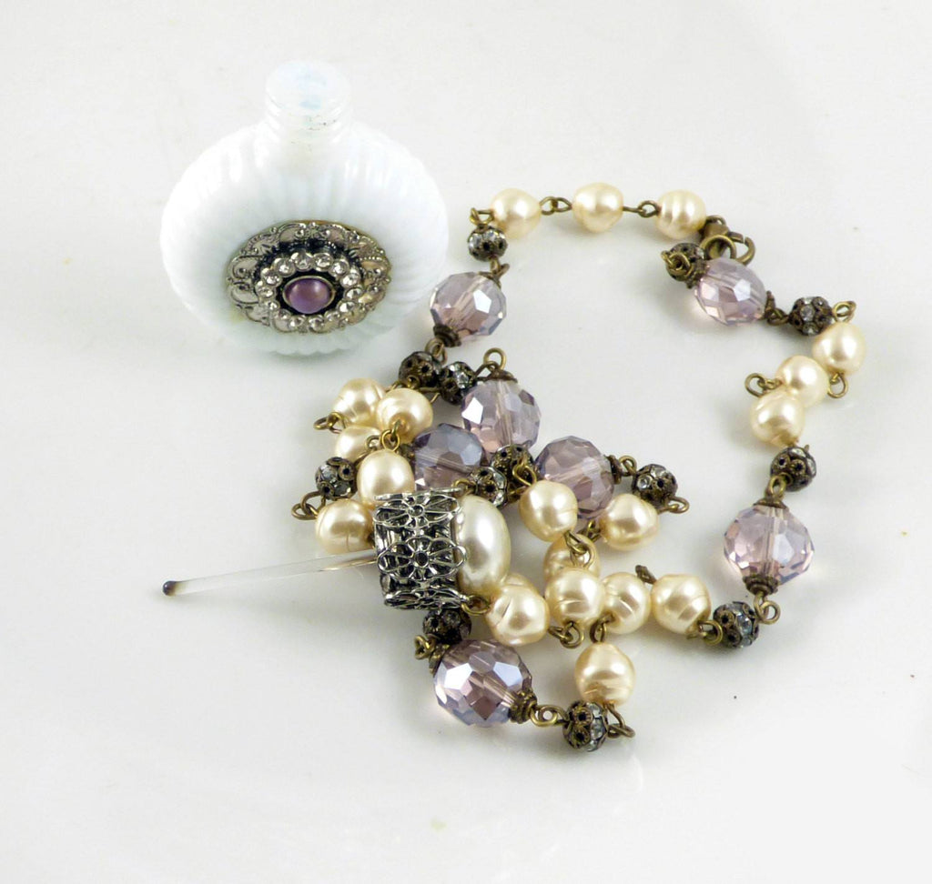 Vintage Czech Milk Glass Perfume Bottle Necklace, Baroque Pearl and Lavender Bead - Vintage Lane Jewelry