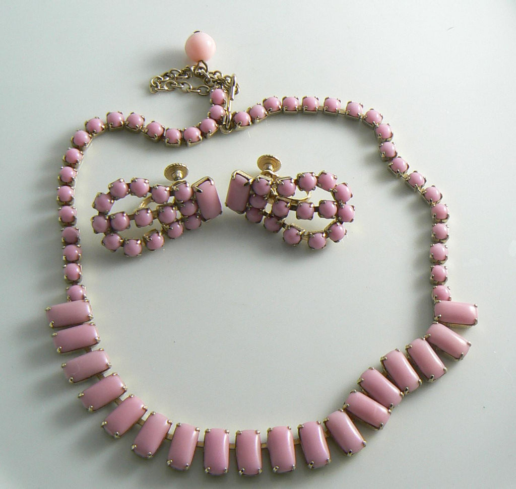 Pink Milk Glass Necklace Earring Set - Vintage Lane Jewelry