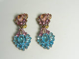 Aqua Blue and Pink Czech Glass Clip Earrings - Vintage Lane Jewelry