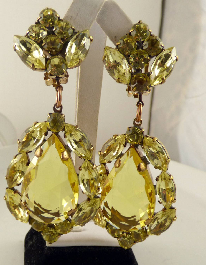 Yellow Czech Glass Huge Dangling Clip Earrings - Vintage Lane Jewelry