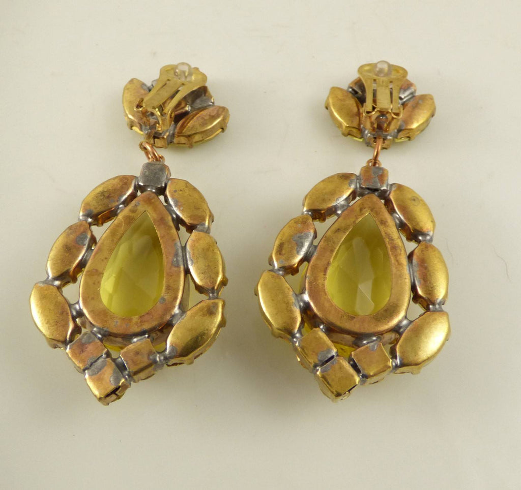 Yellow Czech Glass Huge Dangling Clip Earrings - Vintage Lane Jewelry