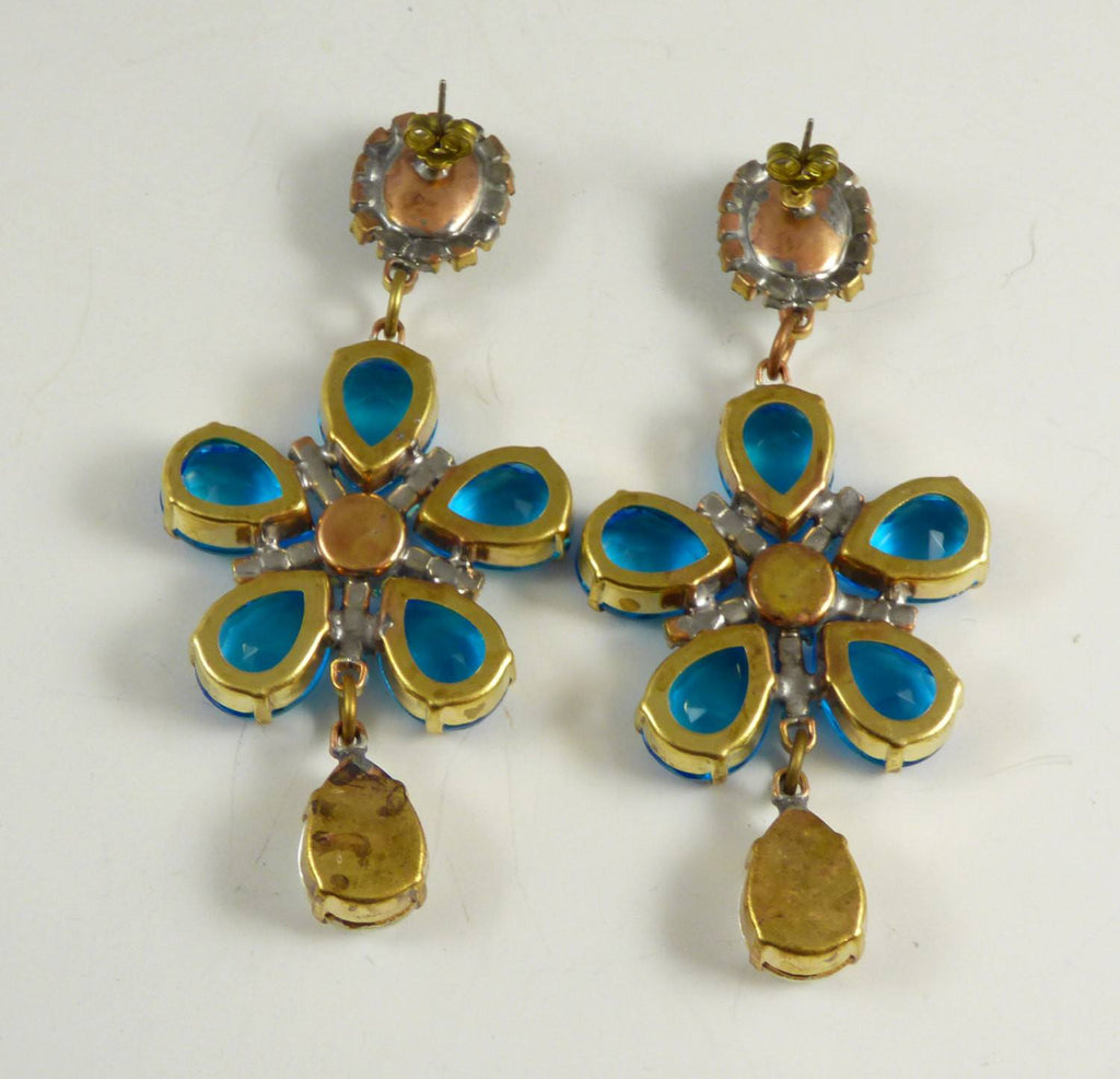 Blue Flower Dangle Czech Glass Pierced Style Earrings - Vintage Lane Jewelry