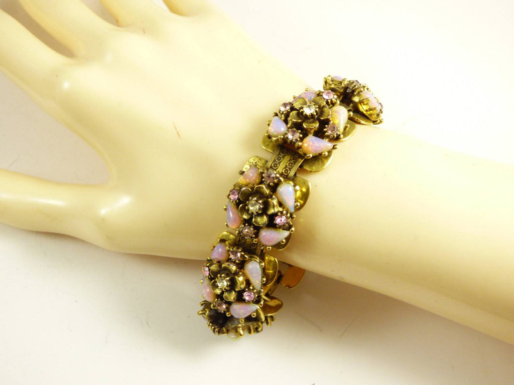 Pink Art Glass and Rhinestone wide book chain flower link bracelet - Vintage Lane Jewelry