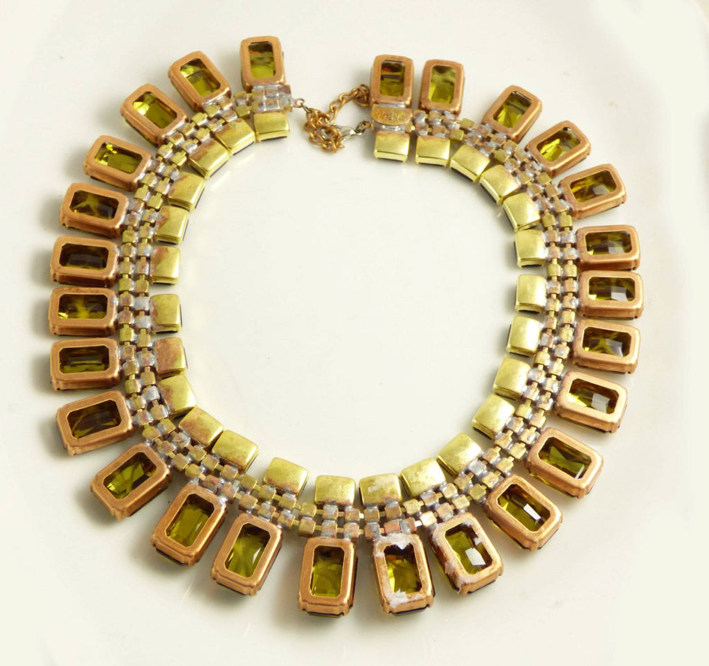 Czech Glass Taboo Statement Vaseline Uranium Bib Style Necklace - Vintage Lane Jewelry