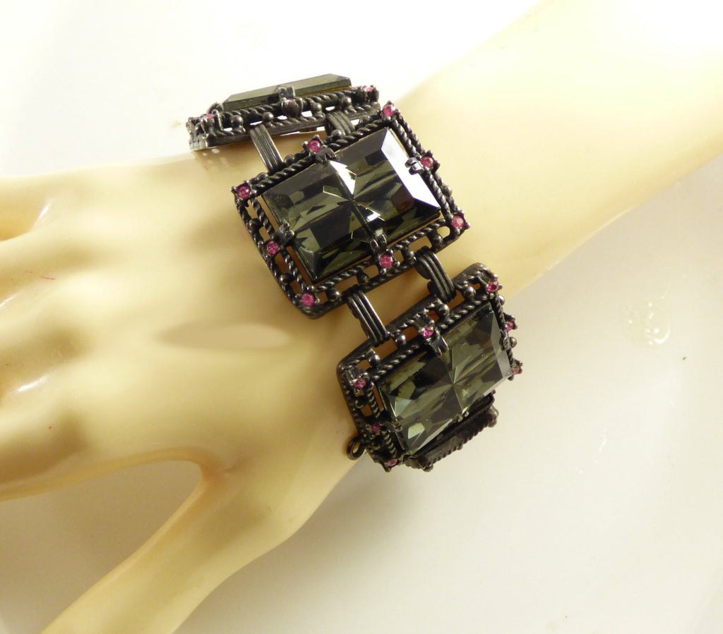 Sarah Coventry Midnight Magic Art Glass Panel Bracelet and Clip Earrings - Vintage Lane Jewelry
