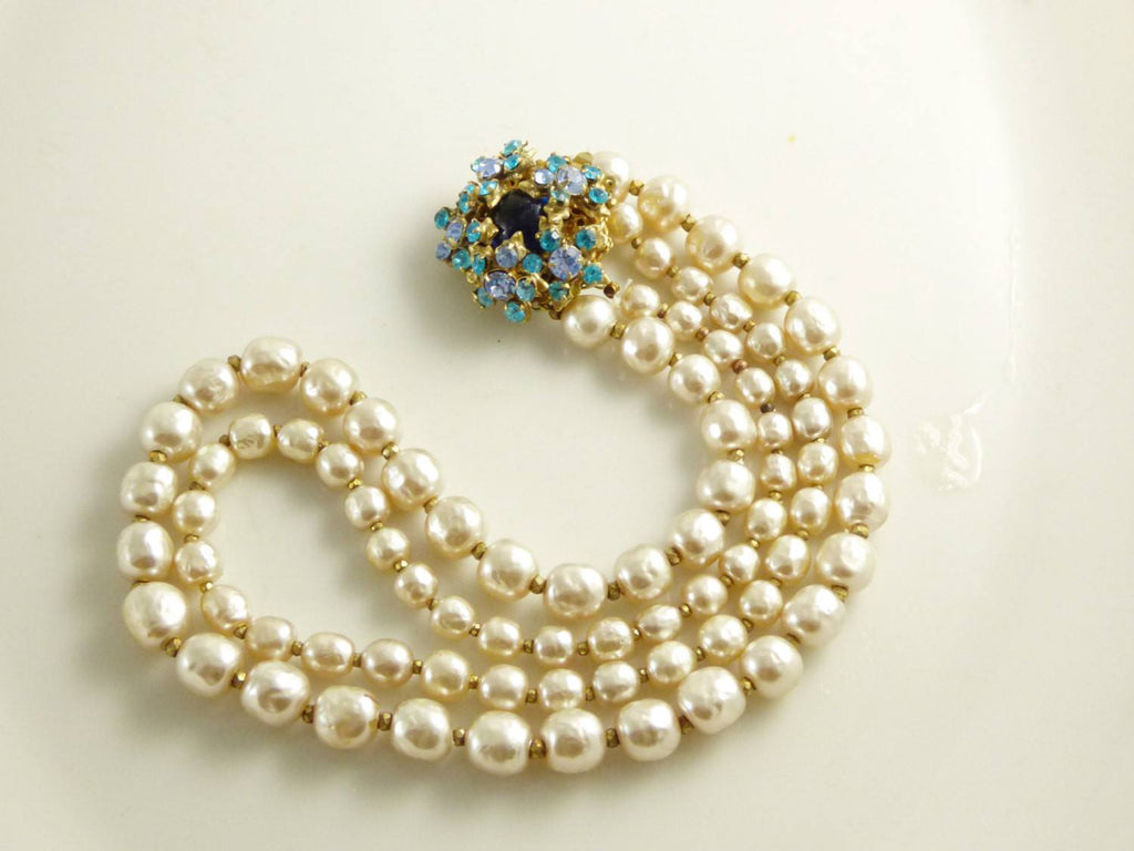 Miriam Haskell Baroque Glass Pearl Necklace, Choker, Rhinestone clasp - Vintage Lane Jewelry
