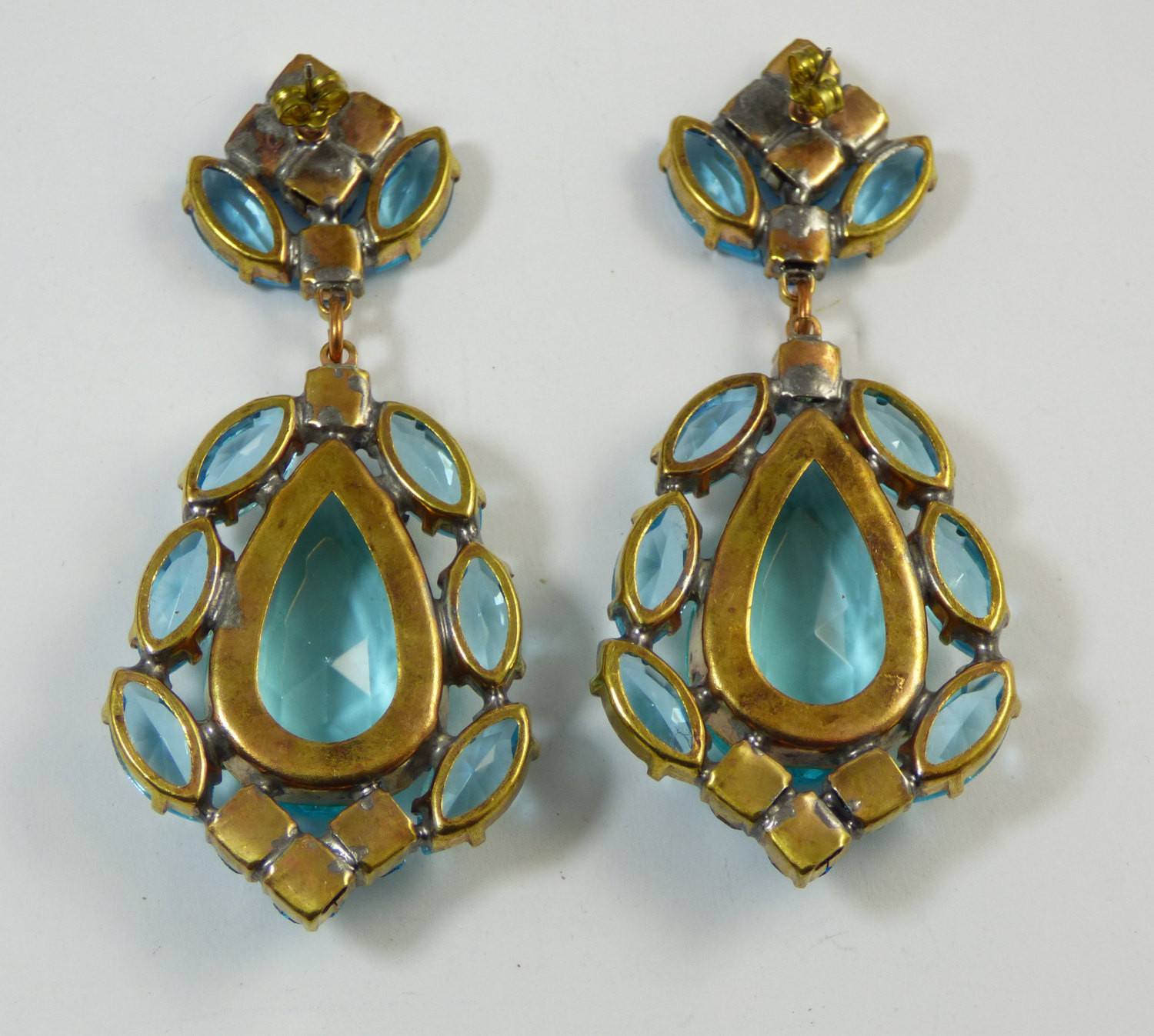 Aqua Czech Glass Huge Dangling Pierced Earrings - Vintage Lane Jewelry