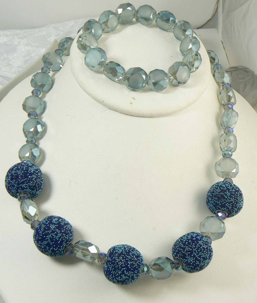 Sugar Bead Faceted Glass AB Crystal Midnight Blue and Gray Necklace Bracelet Set - Vintage Lane Jewelry