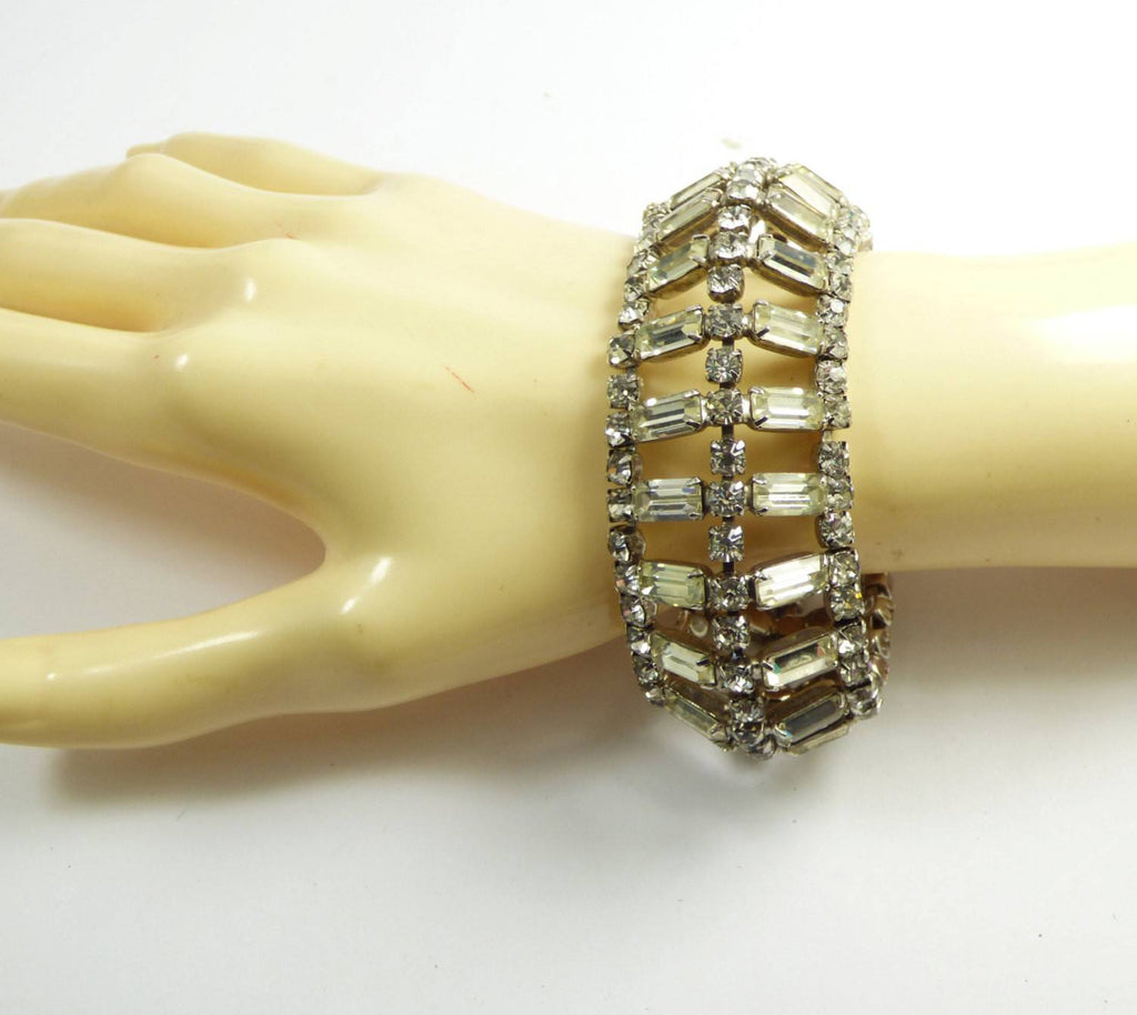 Vintage Baguette Clear Rhinestone Rhodium Plated Bracelet - Vintage Lane Jewelry