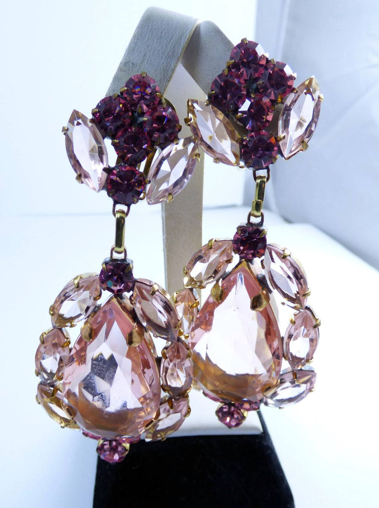 Pink Czech Glass Huge Dangling Clip Earrings - Vintage Lane Jewelry