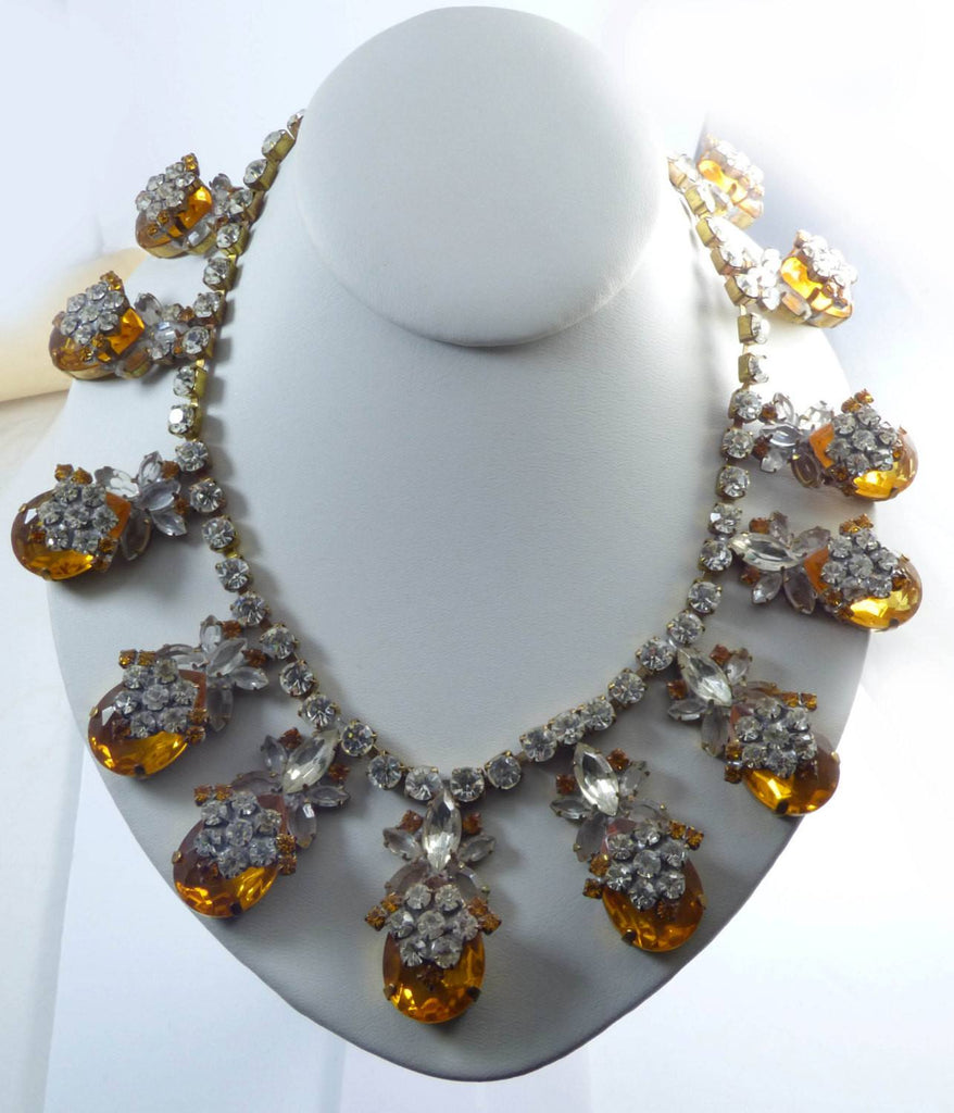Statement Necklace Czech Glass Large Amber Stones Clear Rhinestones - Vintage Lane Jewelry