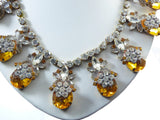 Statement Necklace Czech Glass Large Amber Stones Clear Rhinestones - Vintage Lane Jewelry