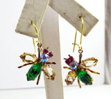 Czech Glass Rhinestone Fly Earrings, Green and Gold Stones - Vintage Lane Jewelry