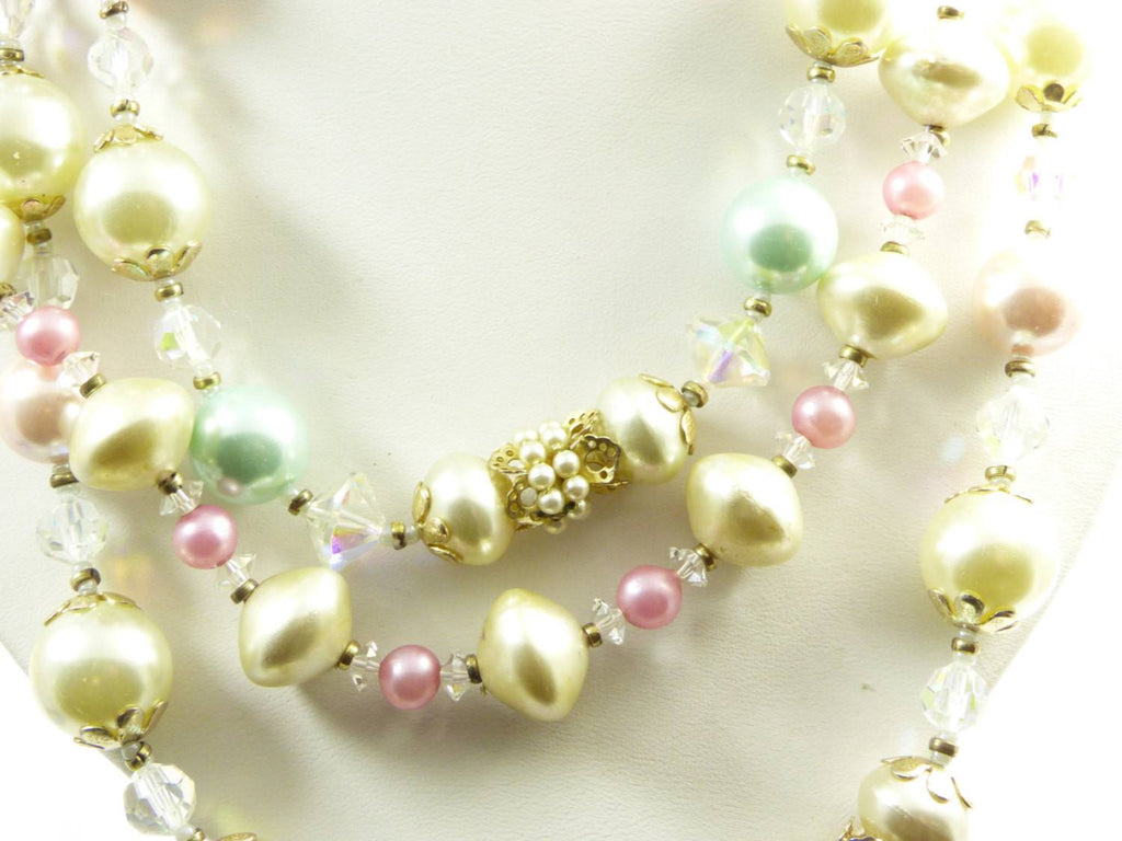 Miriam Haskell Pastel Bead and Crystal Necklace Clip Earring Set - Vintage Lane Jewelry