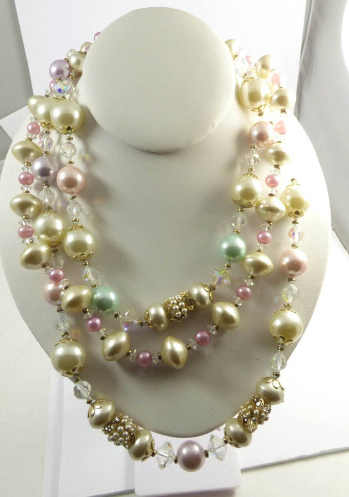 Miriam Haskell Pastel Bead and Crystal Necklace Clip Earring Set - Vintage Lane Jewelry