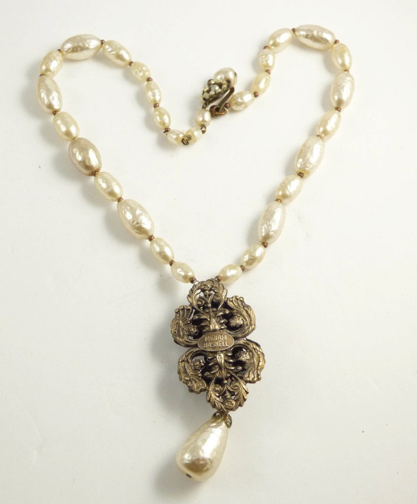 Miriam Haskell Baroque Pearl Antique Silver Floral Necklace - Vintage Lane Jewelry