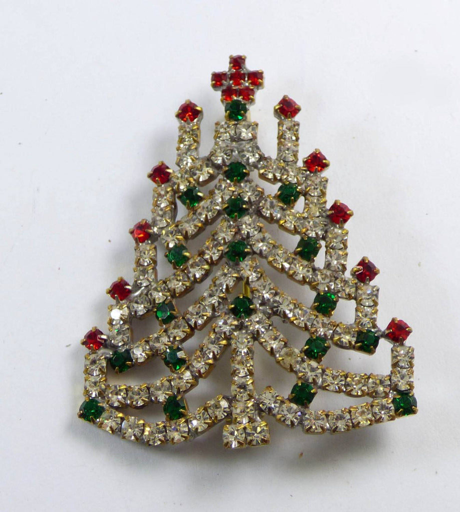 Red, Green and Clear Rhinestone Czech Glass Christmas Tree Brooch, Xmas Pin, Holiday Brooch - Vintage Lane Jewelry