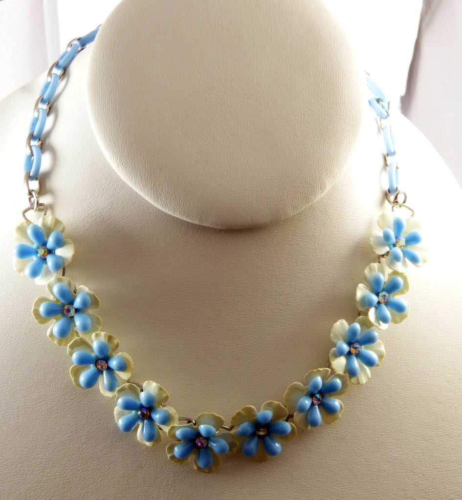 Vintage Baby Blue and White Celluloid Rhinestone Flower Necklace ...
