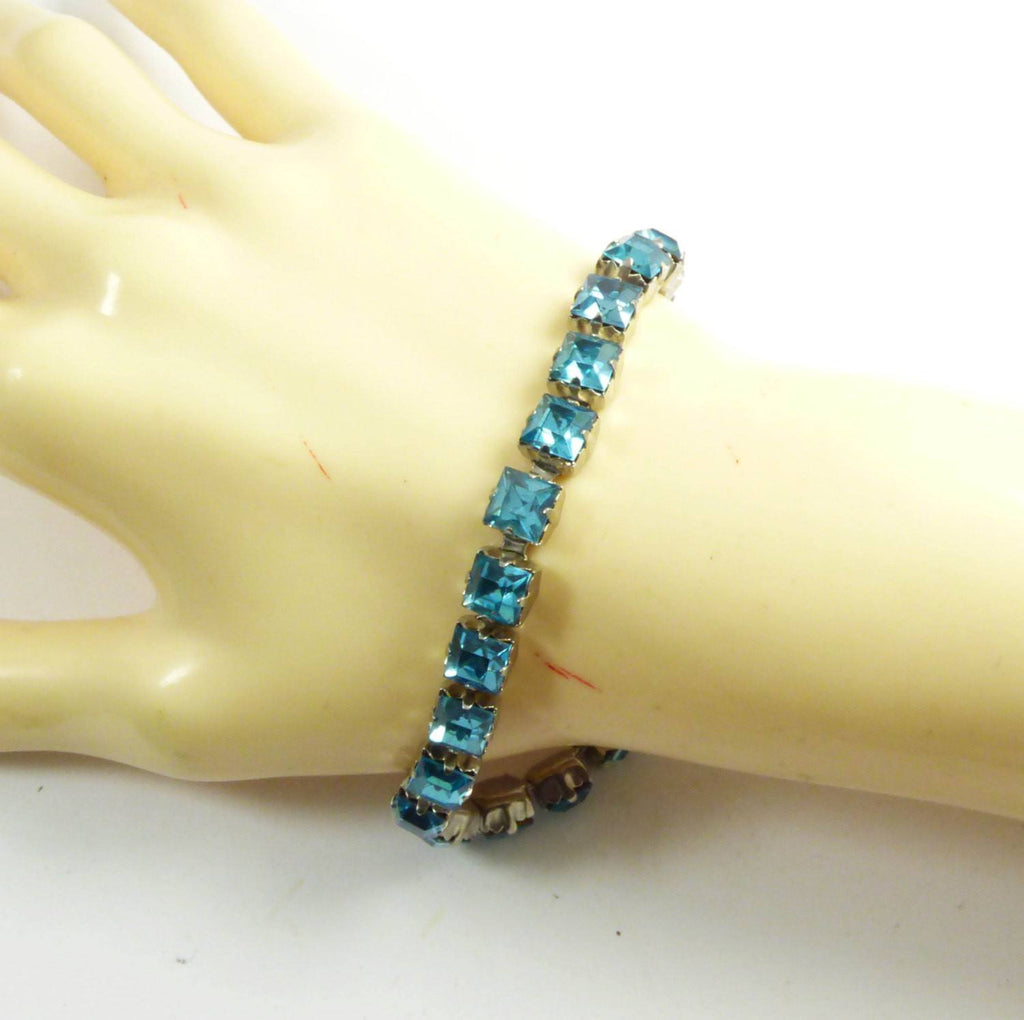 Vintage Art Deco Blue Square Rhinestone Choker Necklace Bracelet Clip Earring Set - Vintage Lane Jewelry