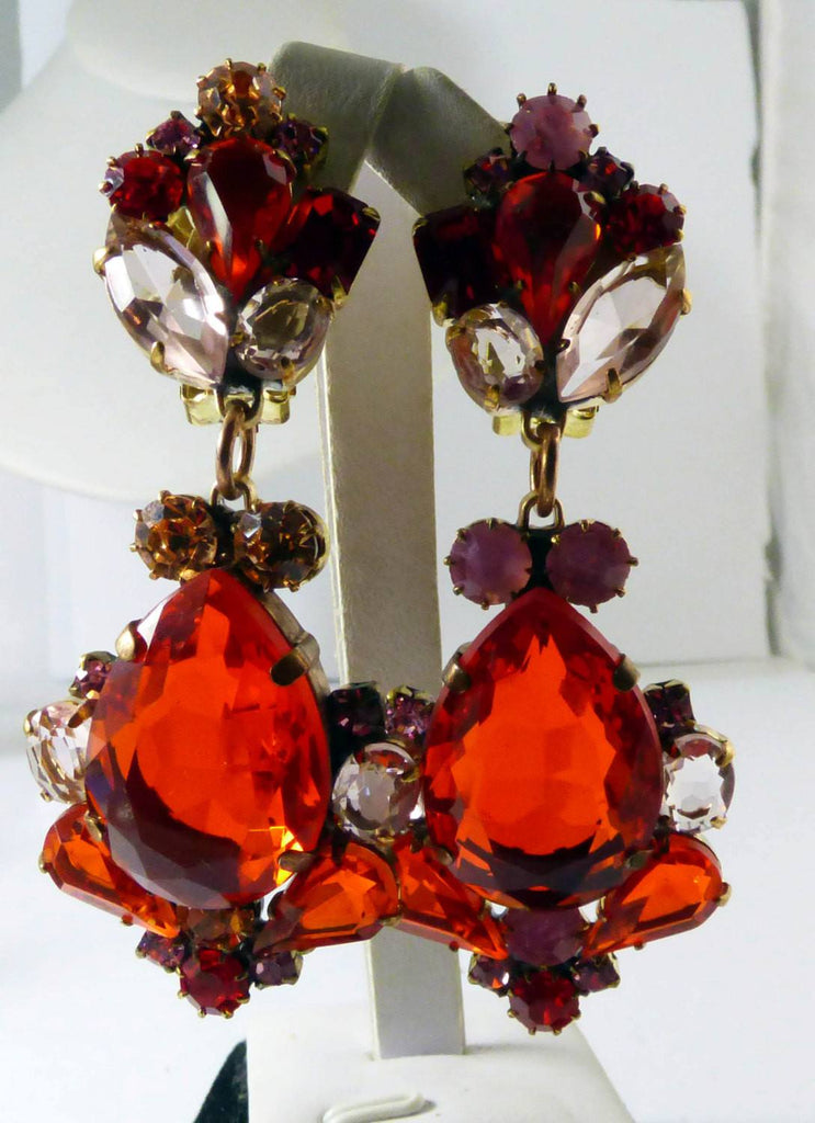 Huge Rhinestone Set Designed in Hyacinth and Pink Colors with matching Clip Earrings, Czech glass - Vintage Lane Jewelry